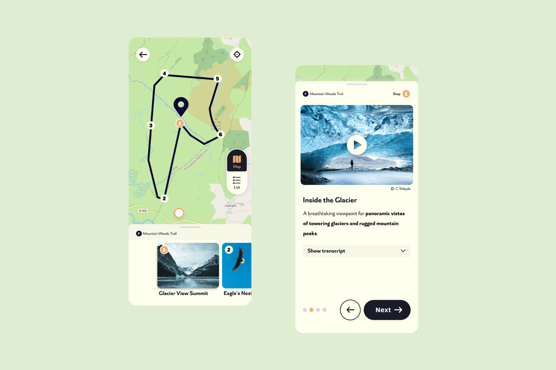 Zwei Screens der Outdoor Multimedia App mit Map einer Tour und Stop mit Video